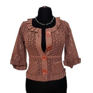 Hazel Brown Eyelet 3/4 Sleeve 100% Cotton Pintuck Collar Cardigan Medium